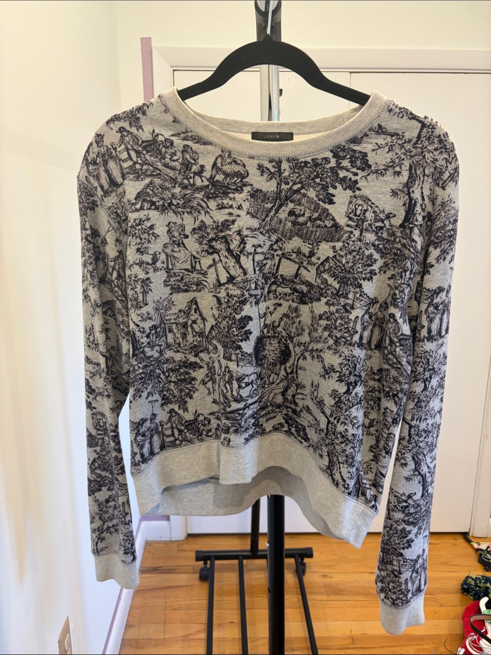 J. Crew Gray Sweater with Navy Toile Print